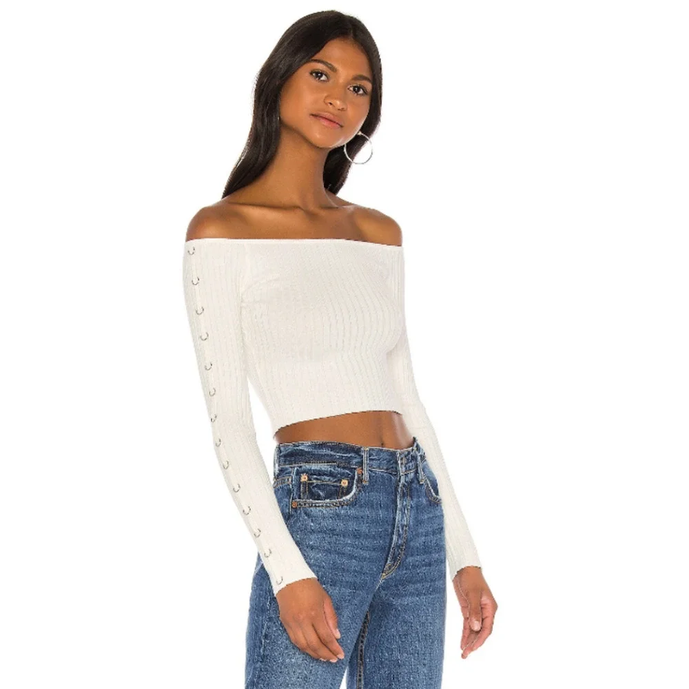 REVOLVE Superdown Tamina Off The Shoulder Top Metal Ring Sleeve Rib Knit Blouse